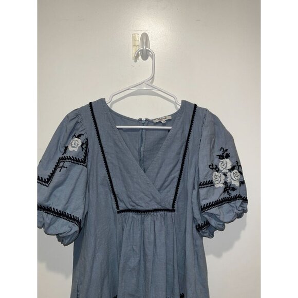 Madewell Blue Embroidered  Foldover V-Neck Puff Sleeve Mini Dress  Women's Size - Picture 3 of 10
